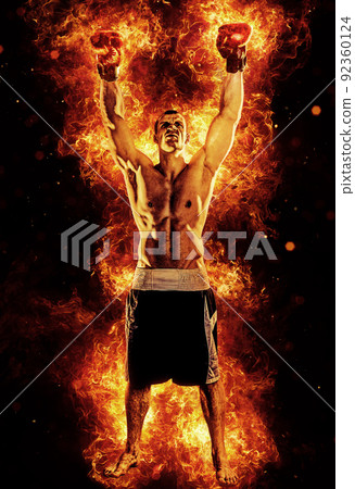 Fighter man in fire. Sport advertising. MMA boxer 92360124