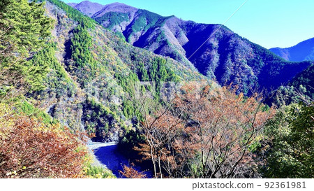 Morning autumn leaves and Sumata River seen from the Sumata Gorge Promenade in Shizuoka Prefecture Morning autumn leaves and Sumata River seen from the Sumata Gorge Promenade in Shizuoka Prefecture 92361981