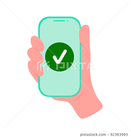 Hand holding phone with check mark. Mobile or online electronic wallet payment with smartphone Hand holding phone with check mark. Mobile or online electronic wallet payment with smartphone 92363993