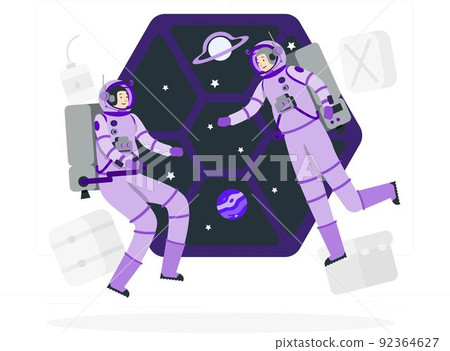 two astronauts floating around space station 92364627