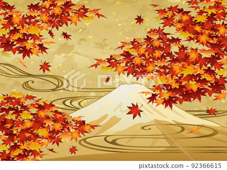 裝飾背景-金葉與秋葉、流水和富士山 92366615