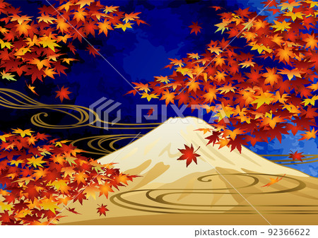 Decorative background-Autumn leaves, running water and Mt. Fuji in the night sky 92366622