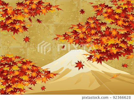裝飾背景金葉與秋葉和富士山 92366628