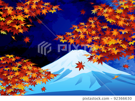 裝飾背景-秋葉和夜空中的富士山 92366630