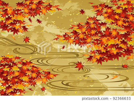 裝飾背景金葉與秋天的落葉和流水 92366633