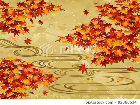 裝飾背景金葉與秋天的落葉和流水 92366634