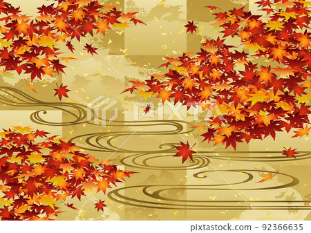 裝飾背景金葉與秋天的落葉和流水 92366635