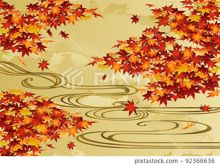 裝飾背景金葉與秋天的落葉和流水 92366636