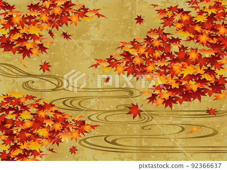 裝飾背景金葉與秋天的落葉和流水 92366637