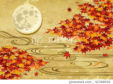 裝飾背景-金葉與秋葉、流水和月亮 92366658