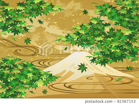 裝飾背景-金葉與藍楓、流水和富士山 92367153