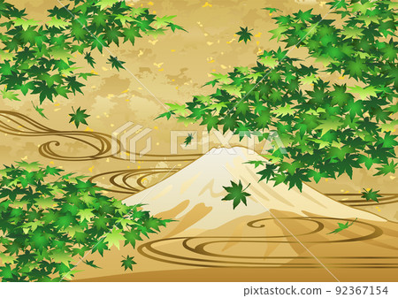 裝飾背景-金葉與藍楓、流水和富士山 92367154