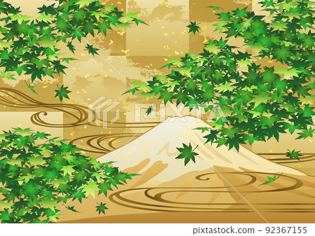 裝飾背景-金葉與藍楓、流水和富士山 92367155