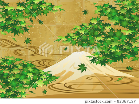 裝飾背景-金葉與藍楓、流水和富士山 92367157