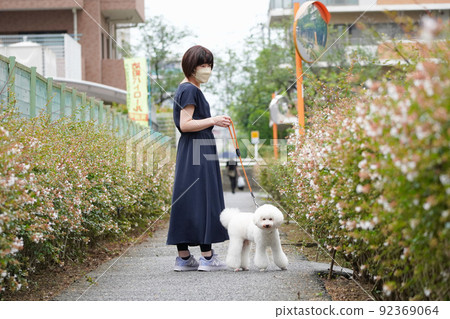 一個女人帶著她的狗沿著長廊散步 一個女人帶著她的狗沿著長廊散步 92369064