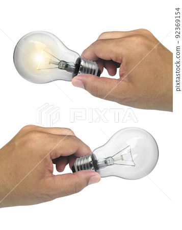 A man's hand holding an Light bulb open, isolated, on white background 92369154