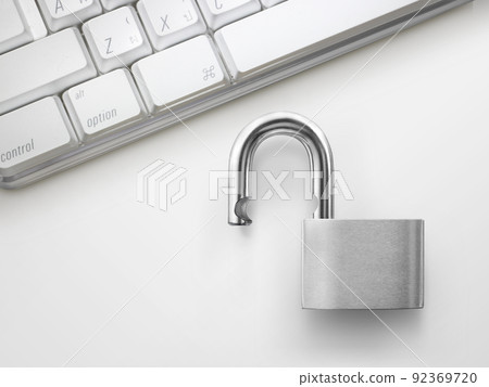 Computer security concept. Unlocked padlock on laptop keyboard. Symbol of safe 92369720