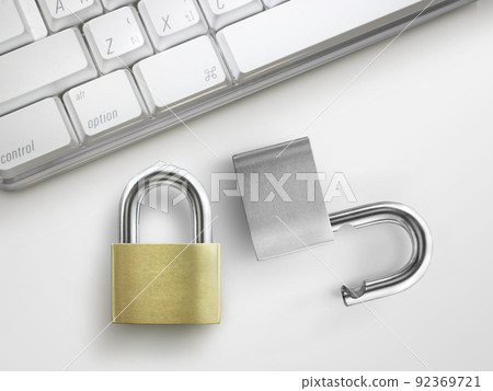 Computer security concept. Unlocked padlock on laptop keyboard. Symbol of safe 92369721