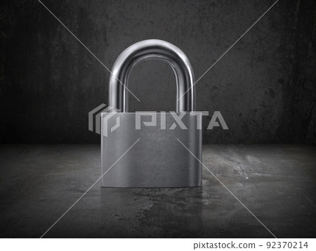 Locked Padlock on Cement floor and concrete old Wall Background 92370214
