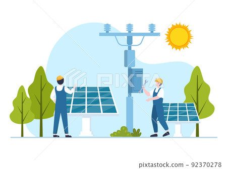 Solar Energy Installation, Panel or Wind Turbine Maintenance with Home Service Team For Electricity Network Operation in Cartoon Illustration Solar Energy Installation, Panel or Wind Turbine Maintenance with Home Service Team For Electricity Network Operation in Cartoon Illustration 92370278