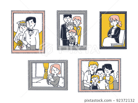 一組充滿家庭記憶的相框，一個滑稽的手寫人物矢量，一個溫暖的線條畫 92372132