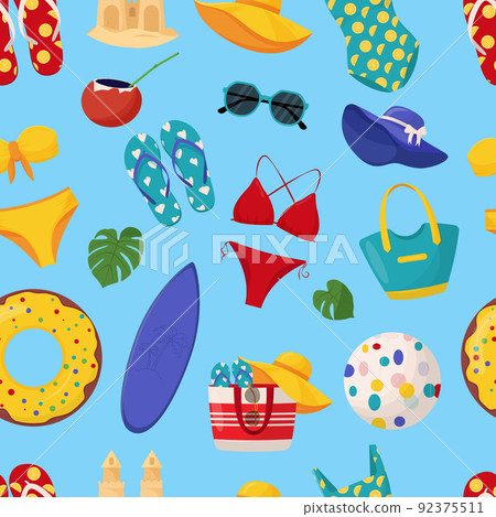Set of cute summer elements: surfboard, cocktail, bag, hat, palm tree, bikini, flip flops, beach umbrella, ball, sand castle, lifebuoy. Summer seamless pattern Set of cute summer elements: surfboard, cocktail, bag, hat, palm tree, bikini, flip flops, beach umbrella, ball, sand castle, lifebuoy. Summer seamless pattern 92375511
