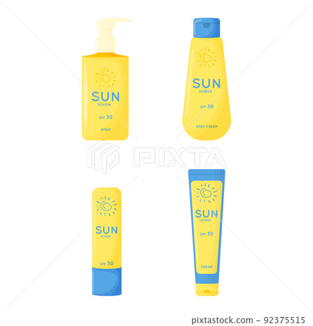 Skin care products. Sun safety, UV protection collection. Tubes and bottles of sunscreen products with SPF: cream, lipstick, spray. Summer cosmetic. Flat vector illustration isolated on white Skin care products. Sun safety, UV protection collection. Tubes and bottles of sunscreen products with SPF: cream, lipstick, spray. Summer cosmetic. Flat vector illustration isolated on white 92375515