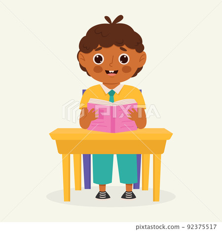 School kid with school supplies sitting at a school desk. Kid with backpack and book. Colorful cartoon character. Flat vector illustration. 92375517