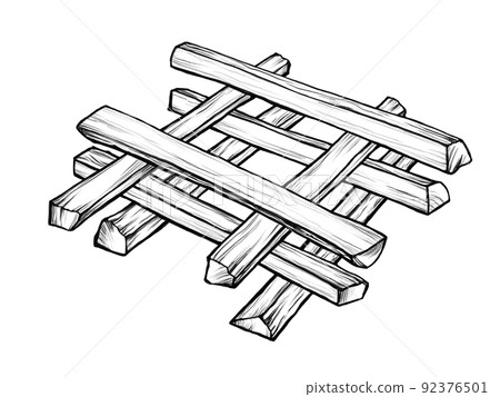 Realistic line drawing illustration of firewood stacked in a log cabin style 92376501