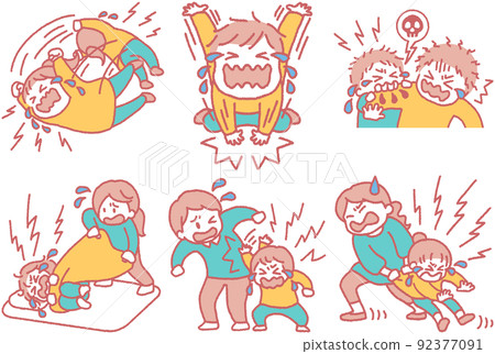 Illustration set of a child who causes tantrum and rampages Illustration set of a child who causes tantrum and rampages 92377091