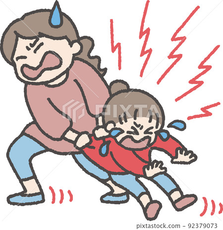 Illustration of a child being dragged by an adult while crying 92379073