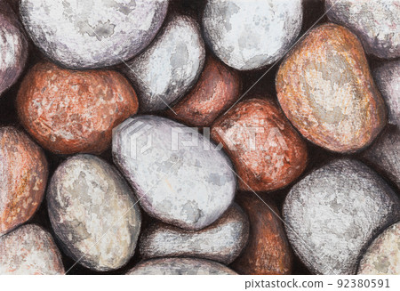Natural background of stones on the beach, pebbles. Hand-drawn illustration with colored pencils 92380591
