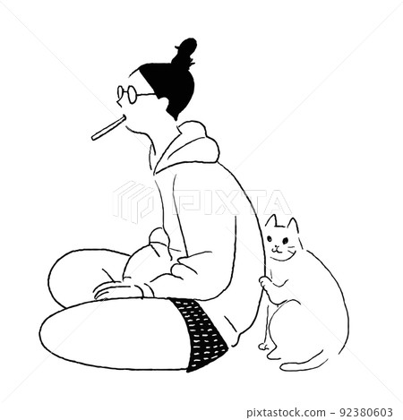 Female line drawing and cat adding toothbrush Female line drawing and cat adding toothbrush 92380603
