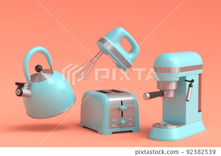 Espresso coffee machine, hand mixer, kettle and toaster on coral background. 92382539