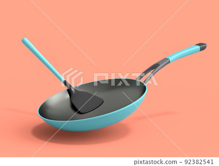 Frying pan with glass lid and silicon solid turner on coral background. 92382541