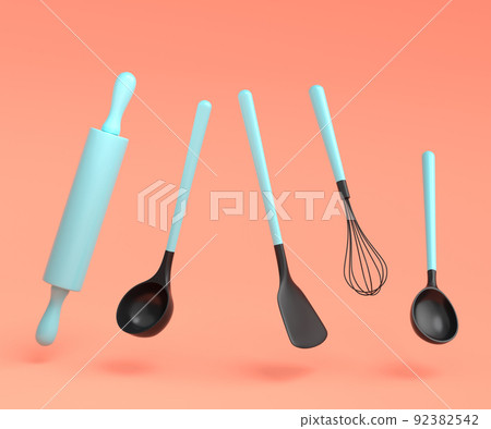 Wooden kitchen utensils, tools and equipment on coral background. 92382542