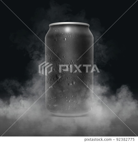 An unbranded freezing cold aluminum tin can with cold vapor an isolated dark studio background. 3D render 92382775