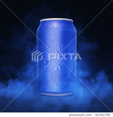 An unbranded freezing cold aluminum tin can with cold vapor an isolated dark studio background. 3D render 92382780