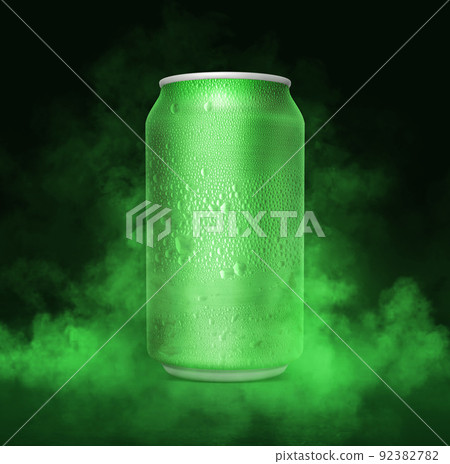An unbranded freezing cold aluminum tin can with cold vapor an isolated dark studio background. 3D render 92382782