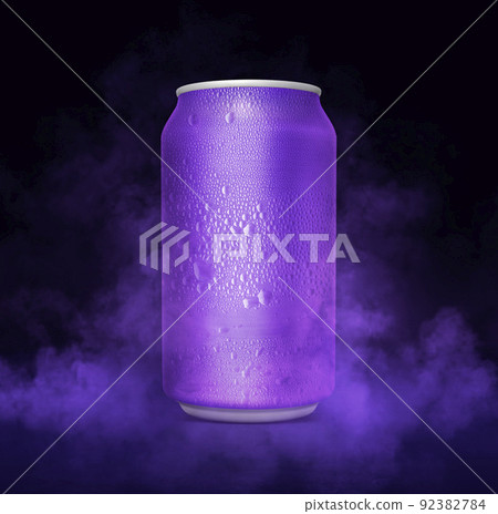 An unbranded freezing cold aluminum tin can with cold vapor an isolated dark studio background. 3D render 92382784