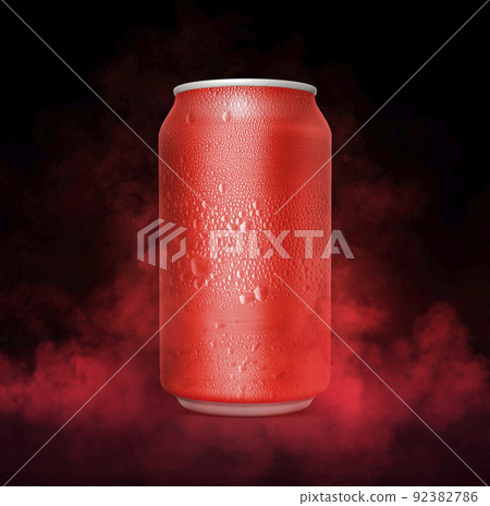 An unbranded freezing cold aluminum tin can with cold vapor an isolated dark studio background. 3D render 92382786