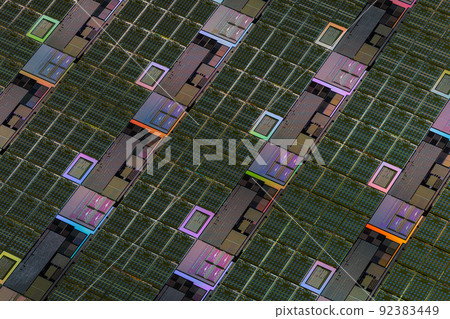 Silicon wafer with microchips used in electronics for the fabrication of integrated circuits. Full-frame high-tech macro background. 92383449