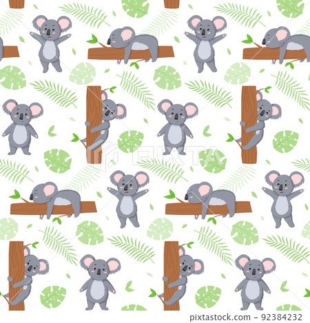 Koala pattern. Cute girl or boy animal print with tropical leaves and flowers, australian jungles, green forest. Seamless childish background. Decor textile, wrapping paper, wallpaper. Vector print Koala pattern. Cute girl or boy animal print with tropical leaves and flowers, australian jungles, green forest. Seamless childish background. Decor textile, wrapping paper, wallpaper. Vector print 92384232