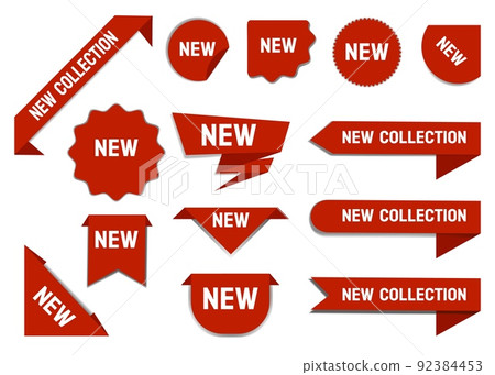 Label tags and ribbons. Price stickers for banner corner. New sale red icon design. Discount shop promotion symbol. Round badge and bookmark bright shapes. Vector isolated store product marks set 92384453