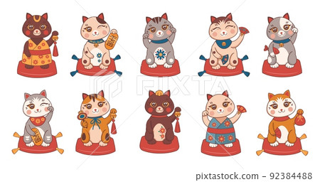 Japanese maneki neko cat set. Fortune happy kitty with money, waving coban coin, oriental lucky animal. Traditional japanese lucky talisman and souvenirs various colors toys. Vector cartoon characters 92384488