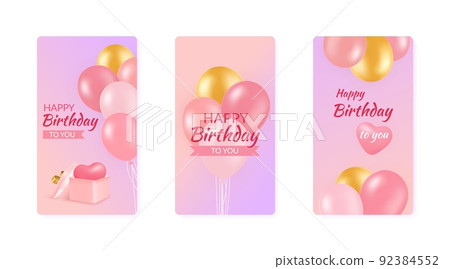 3D anniversary birthday covers. Holiday party render banners with balloons and gift boxes. Minimal happy celebration present. Pink greeting cards set. Festive congratulations. Vector design background 92384552