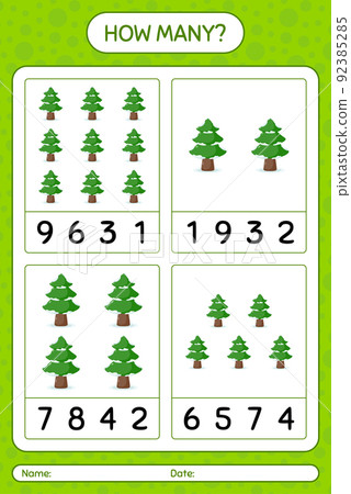 How many counting game with pine tree. worksheet for preschool kids, kids activity sheet 92385285