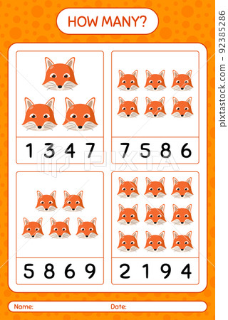 How many counting game with red fox. worksheet for preschool kids, kids activity sheet 92385286
