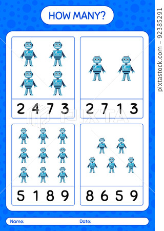How many counting game with robot toy. worksheet for preschool kids, kids activity sheet How many counting game with robot toy. worksheet for preschool kids, kids activity sheet 92385291