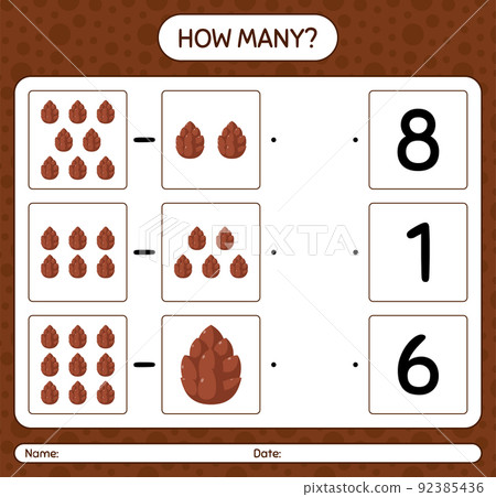 How many counting game with pine cone. worksheet for preschool kids, kids activity sheet How many counting game with pine cone. worksheet for preschool kids, kids activity sheet 92385436